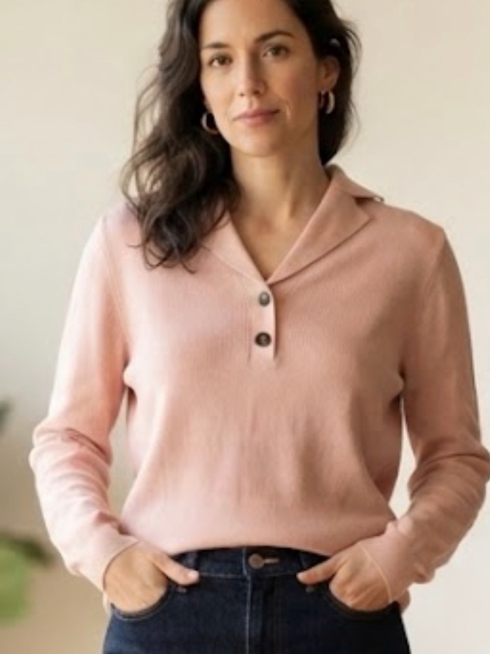 Soft Pink Ribbed Button-Front Women's Sweater
